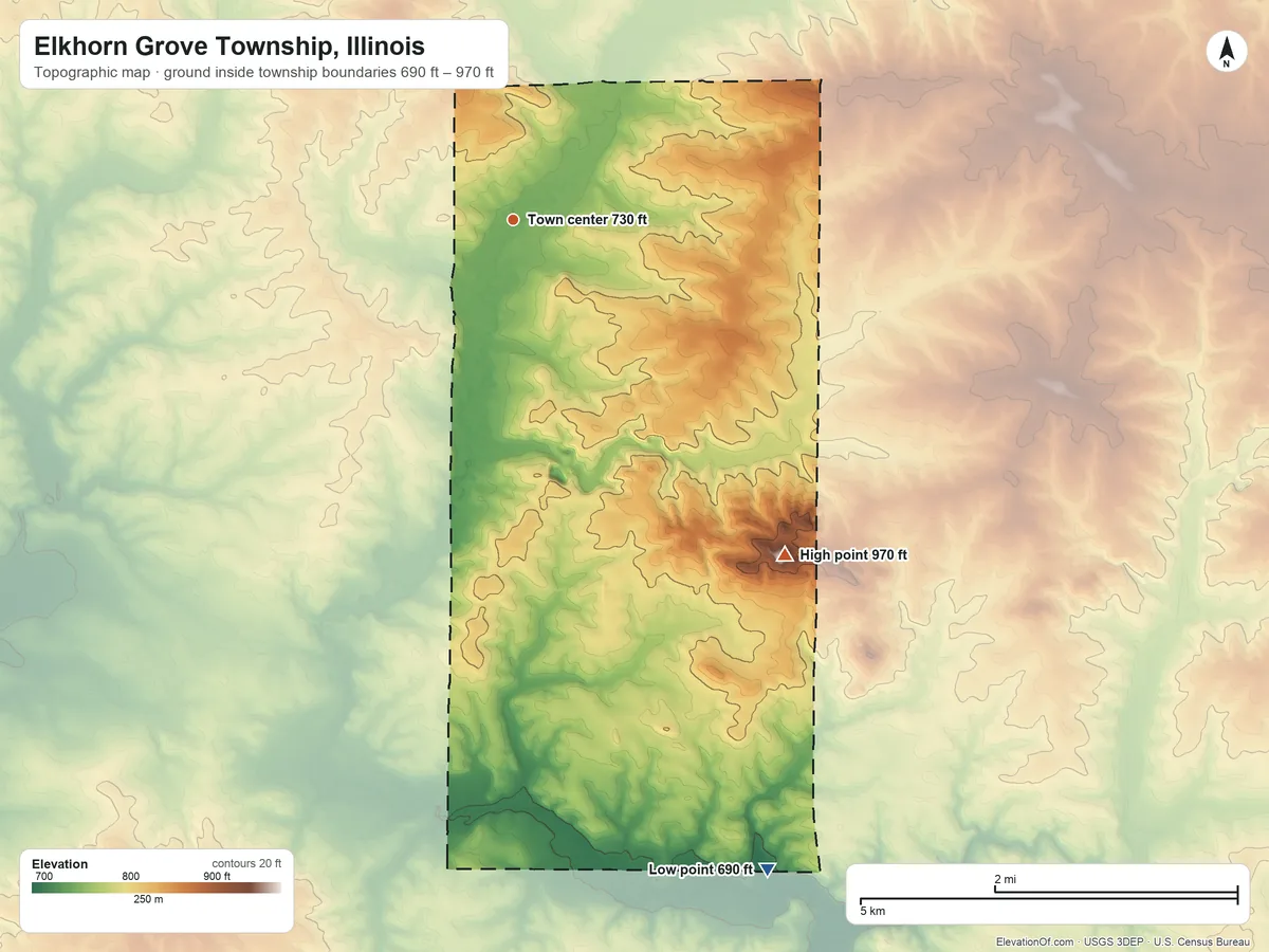 Topographic elevation map of Elkhorn Grove Township, Illinois, shaded from 690 ft on the south side to 970 ft on the southeast side
