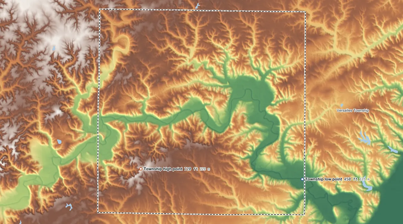 Topographic elevation map of Elkhorn Township, Illinois, shaded from 450 ft on the southeast side to 720 ft on the southwest side