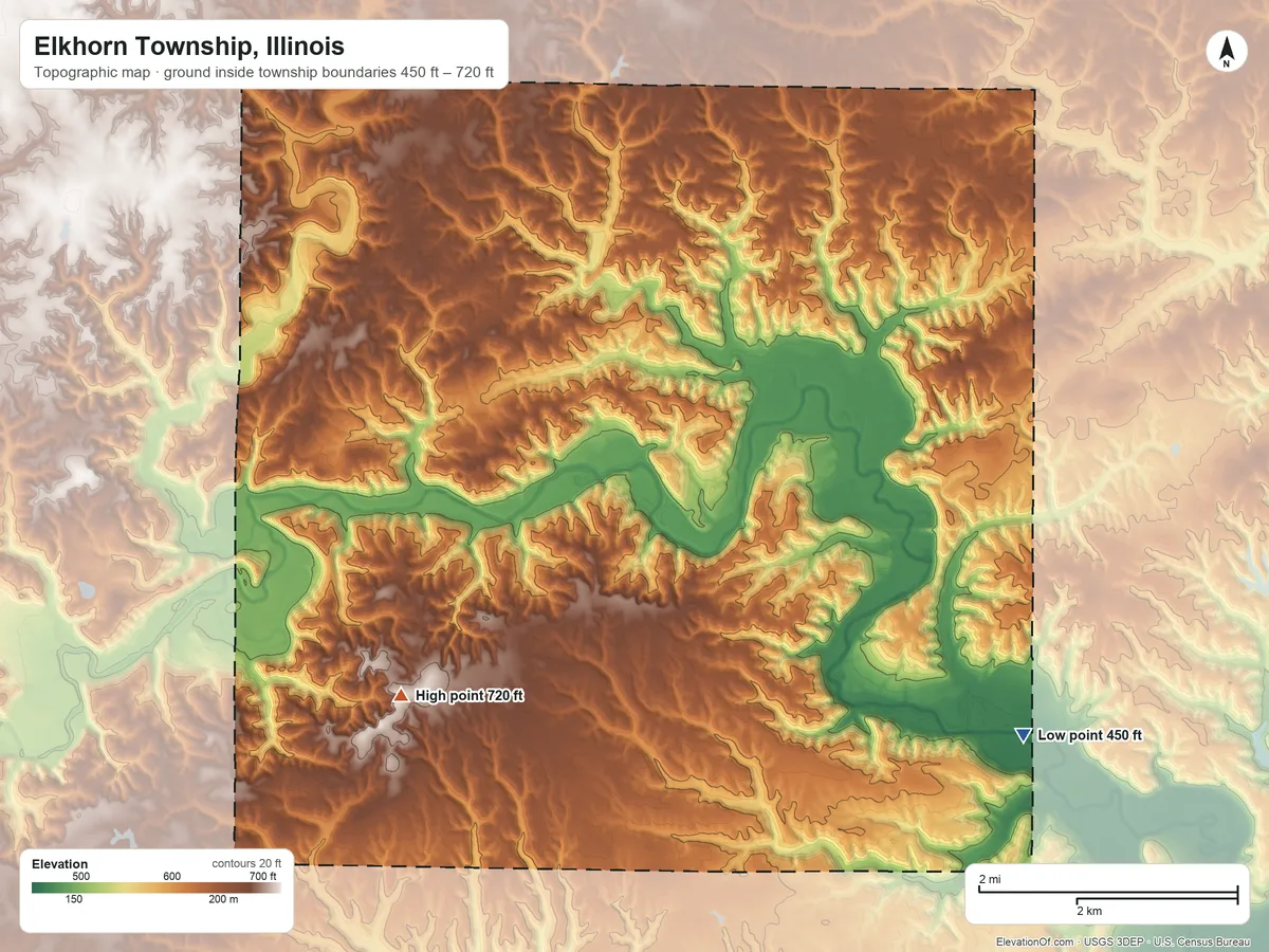 Topographic elevation map of Elkhorn Township, Illinois, shaded from 450 ft on the southeast side to 720 ft on the southwest side