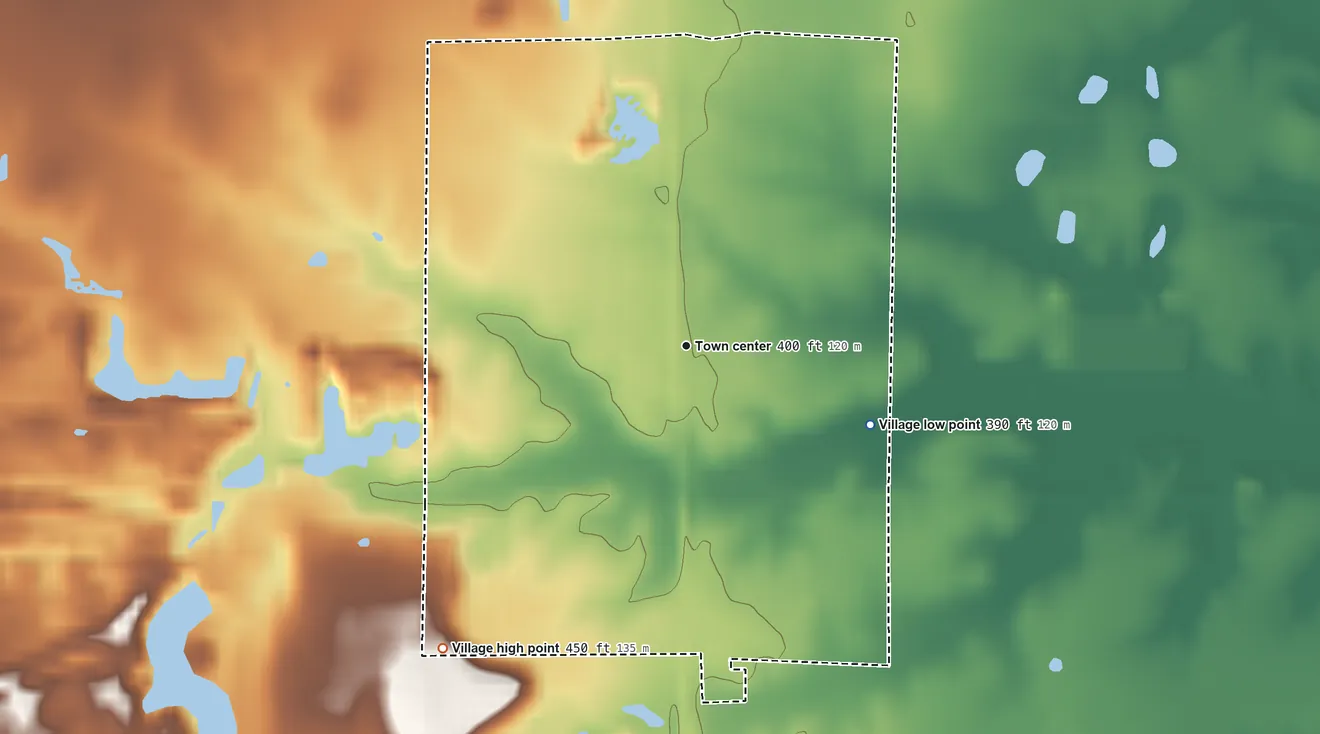 Topographic elevation map of Elkville, Illinois, shaded from 390 ft on the southeast side to 450 ft on the southwest side