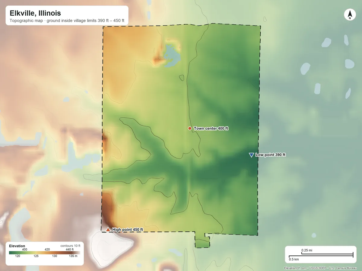 Topographic elevation map of Elkville, Illinois, shaded from 390 ft on the southeast side to 450 ft on the southwest side
