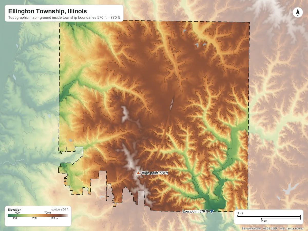 Topographic elevation map of Ellington Township, Illinois, shaded from 570 ft on the southeast side to 770 ft near the middle