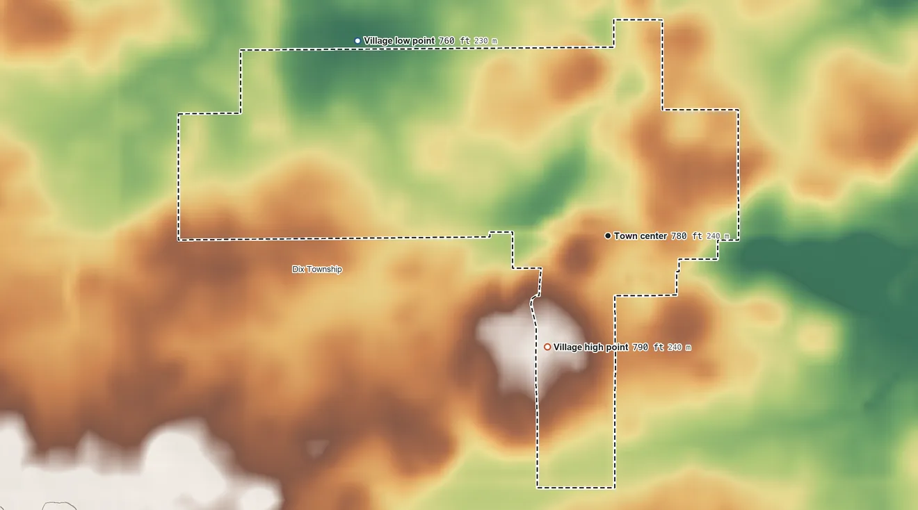 Topographic elevation map of Elliott, Illinois, shaded from 760 ft on the northwest side to 790 ft on the southwest side