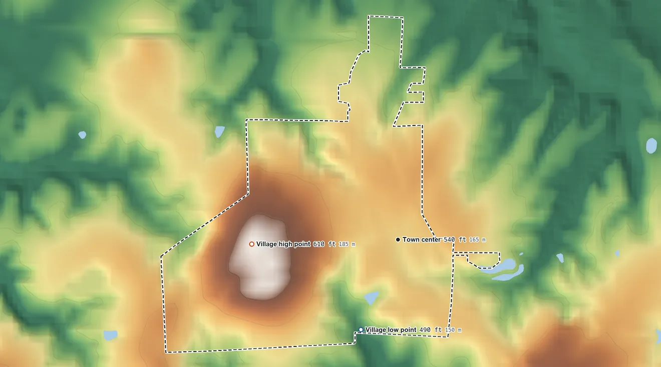 Topographic elevation map of Ellis Grove, Illinois, shaded from 490 ft on the south side to 610 ft on the west side