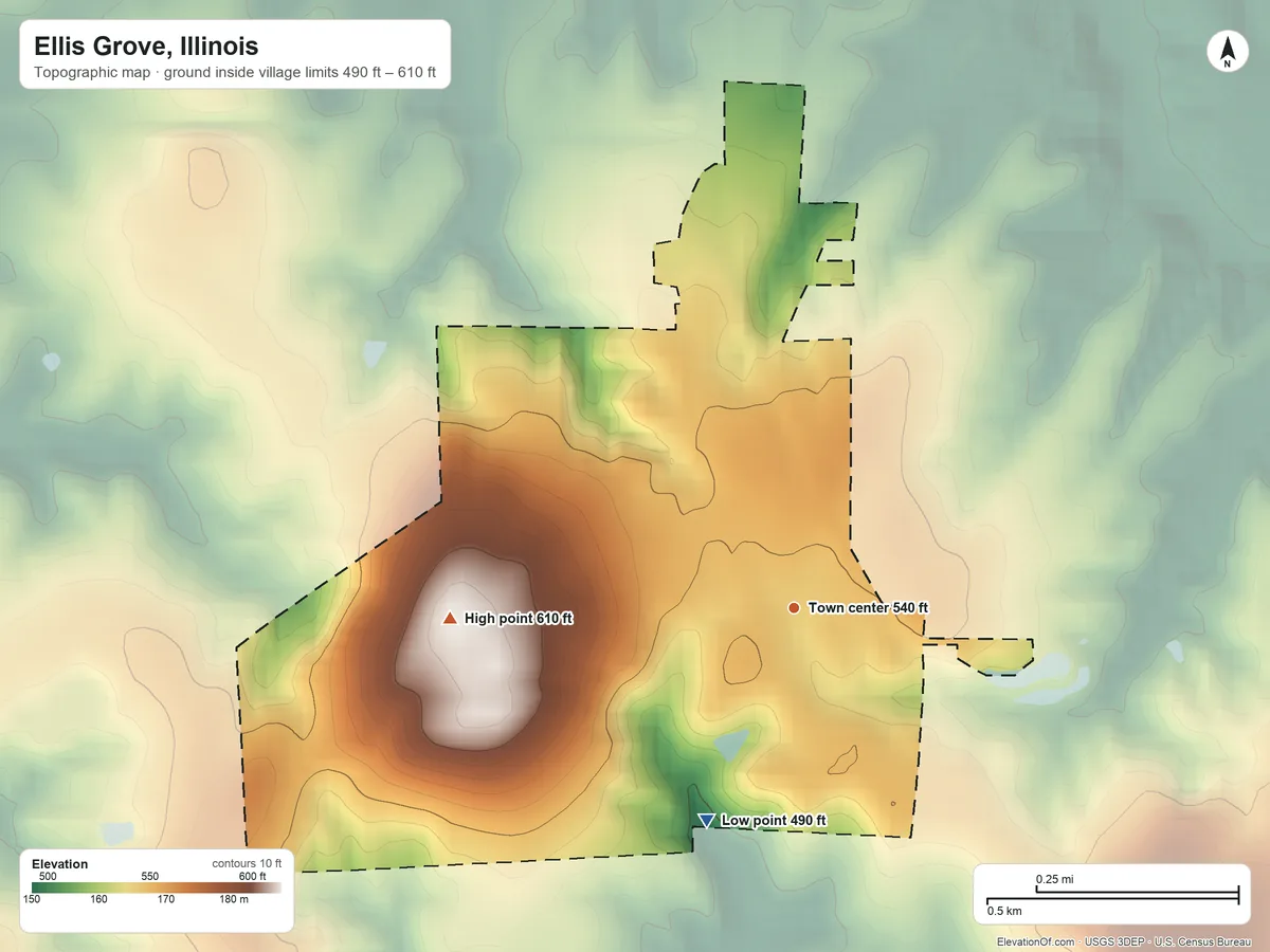 Topographic elevation map of Ellis Grove, Illinois, shaded from 490 ft on the south side to 610 ft on the west side
