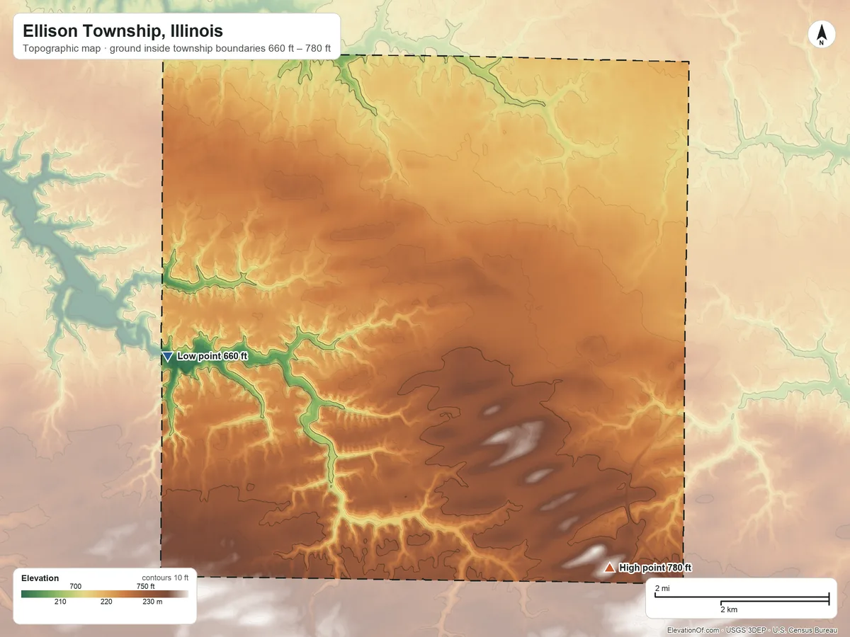 Topographic elevation map of Ellison Township, Illinois, shaded from 660 ft on the southwest side to 780 ft on the southeast side