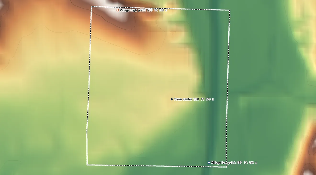 Topographic elevation map of Ellisville, Illinois, shaded from 500 ft on the southeast side to 630 ft on the northwest side