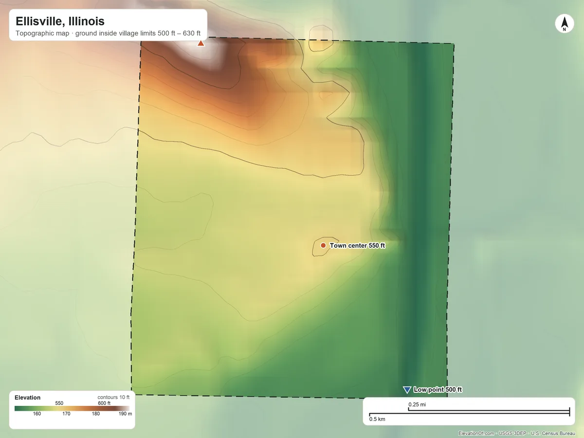 Topographic elevation map of Ellisville, Illinois, shaded from 500 ft on the southeast side to 630 ft on the northwest side