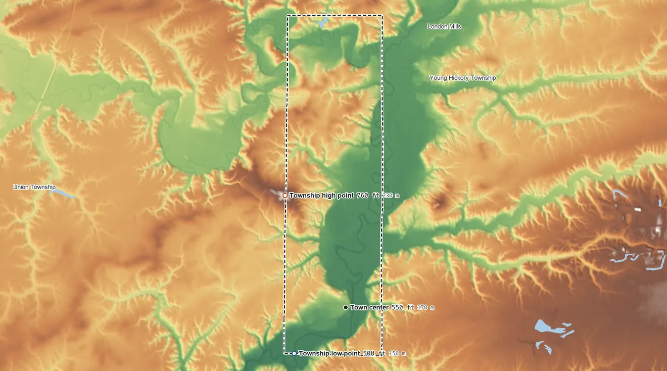 Topographic elevation map of Ellisville Township, Illinois, shaded from 500 ft on the southwest side to 760 ft on Haney Hill
