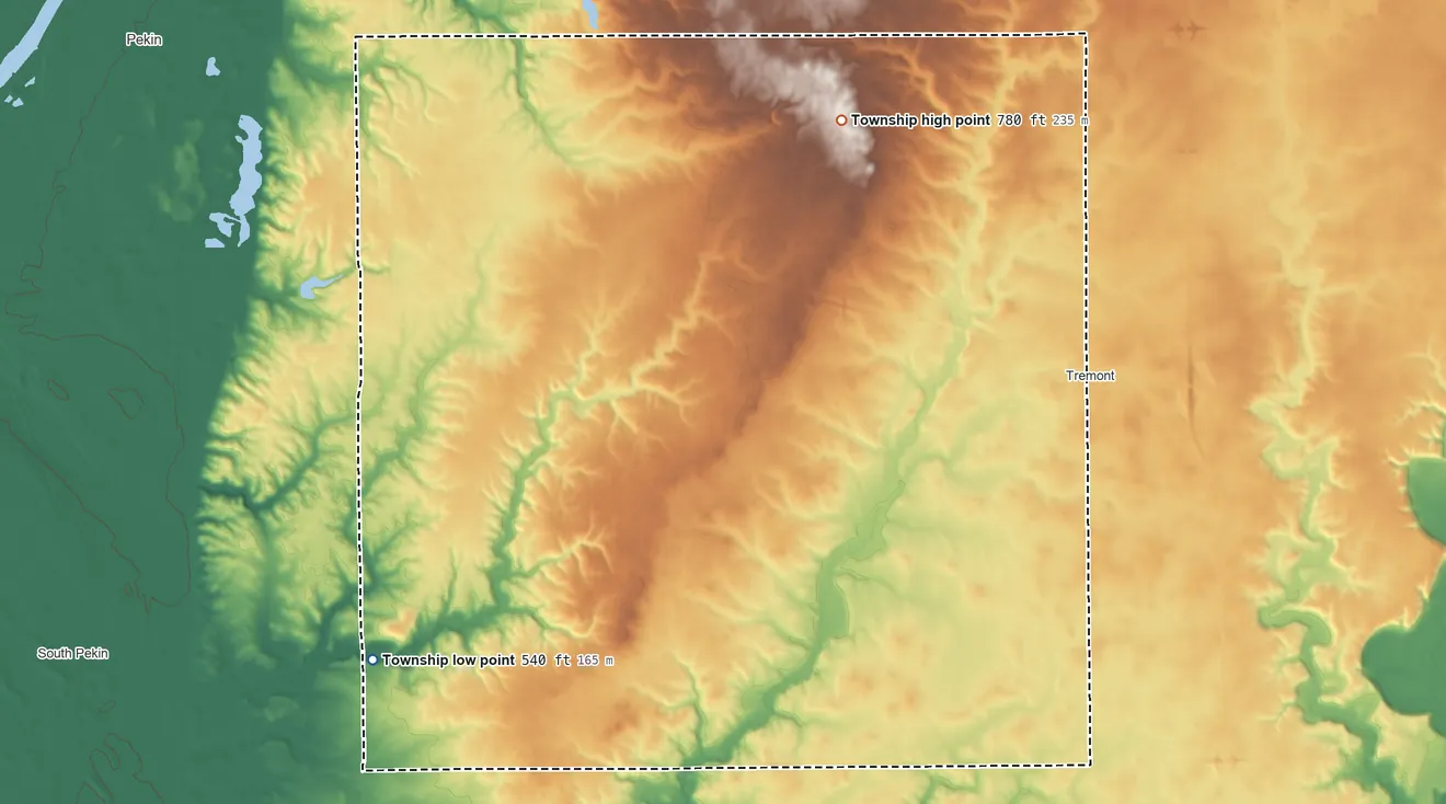 Topographic elevation map of Elm Grove Township, Illinois, shaded from 540 ft on the southwest side to 780 ft on the northeast side