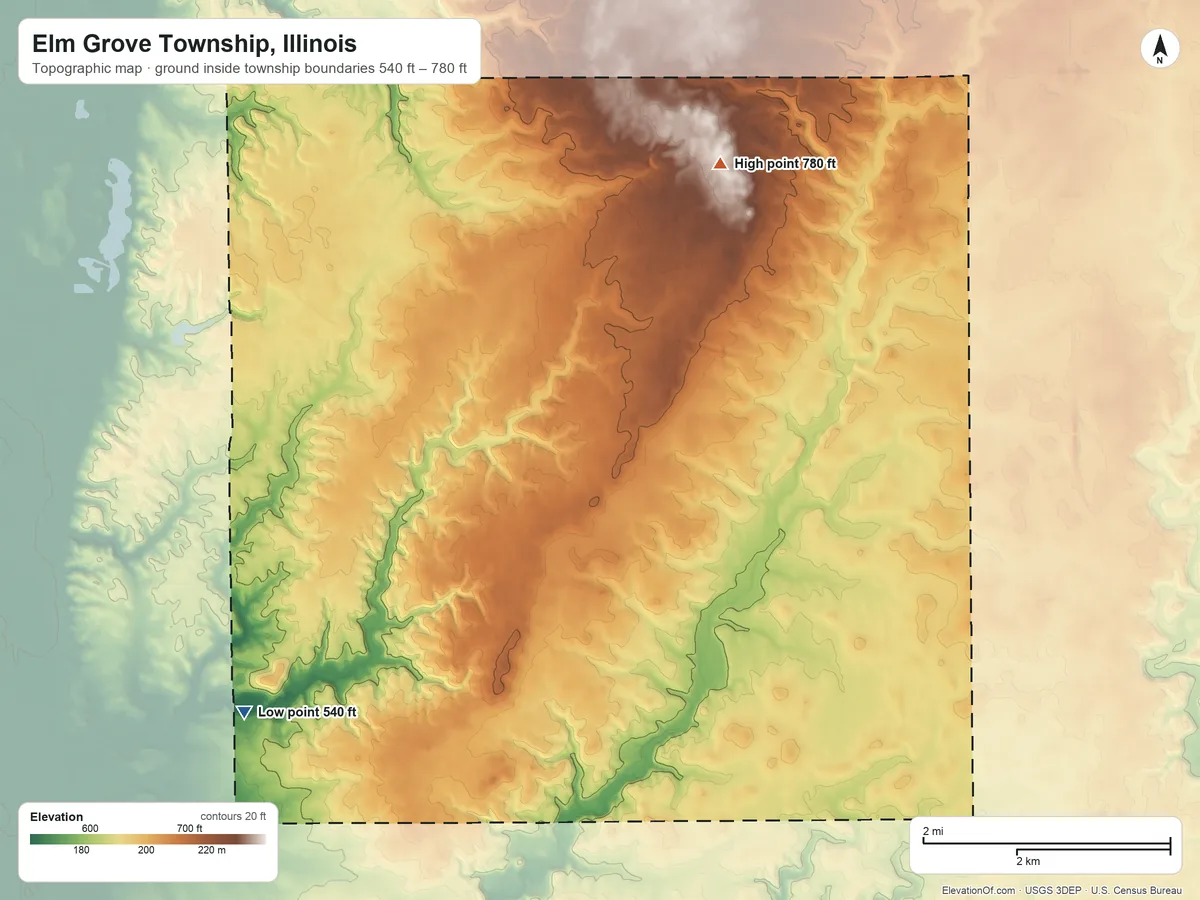 Topographic elevation map of Elm Grove Township, Illinois, shaded from 540 ft on the southwest side to 780 ft on the northeast side