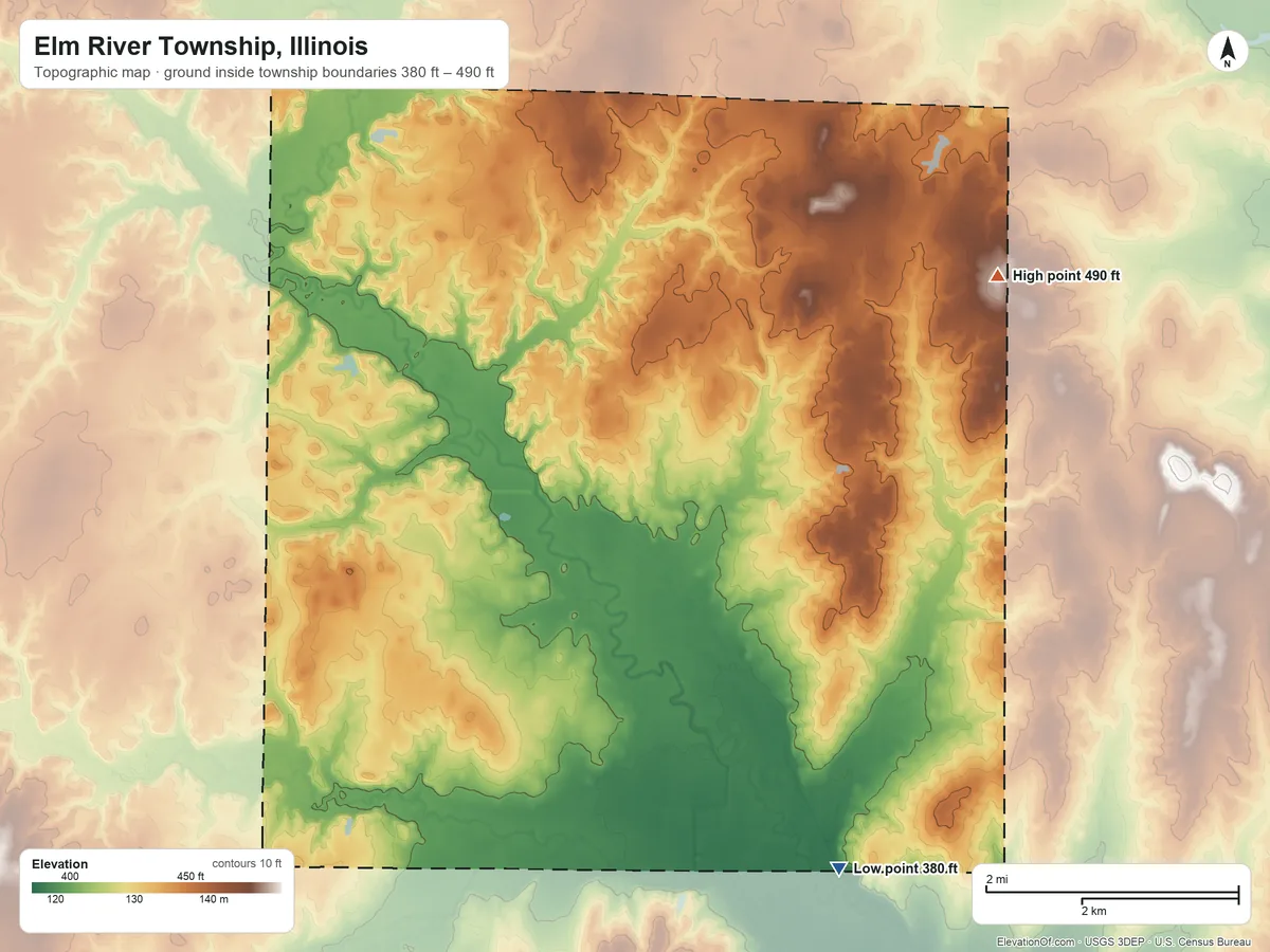 Topographic elevation map of Elm River Township, Illinois, shaded from 380 ft on the southeast side to 490 ft on the east side