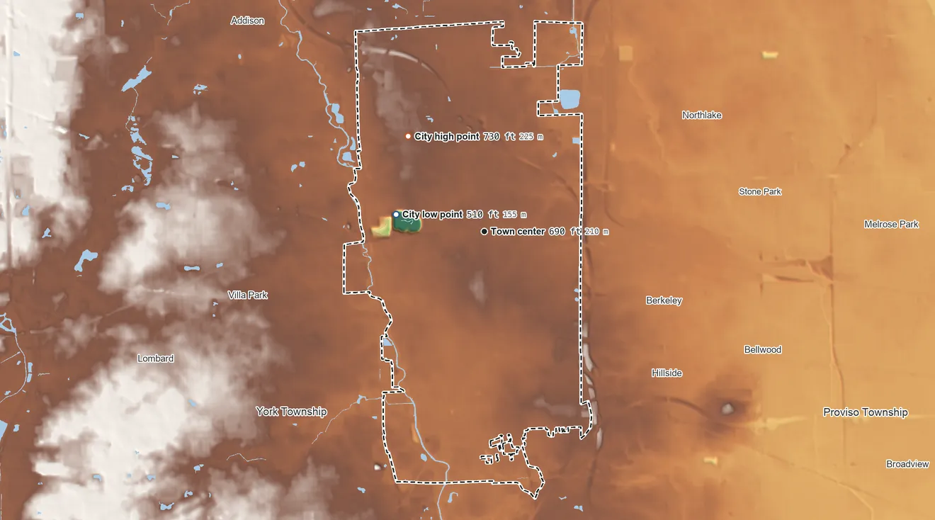 Topographic elevation map of Elmhurst, Illinois, shaded from 510 ft on the west side to 730 ft on the northwest side