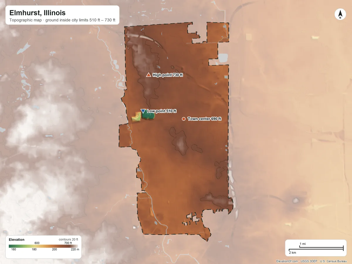 Topographic elevation map of Elmhurst, Illinois, shaded from 510 ft on the west side to 730 ft on the northwest side