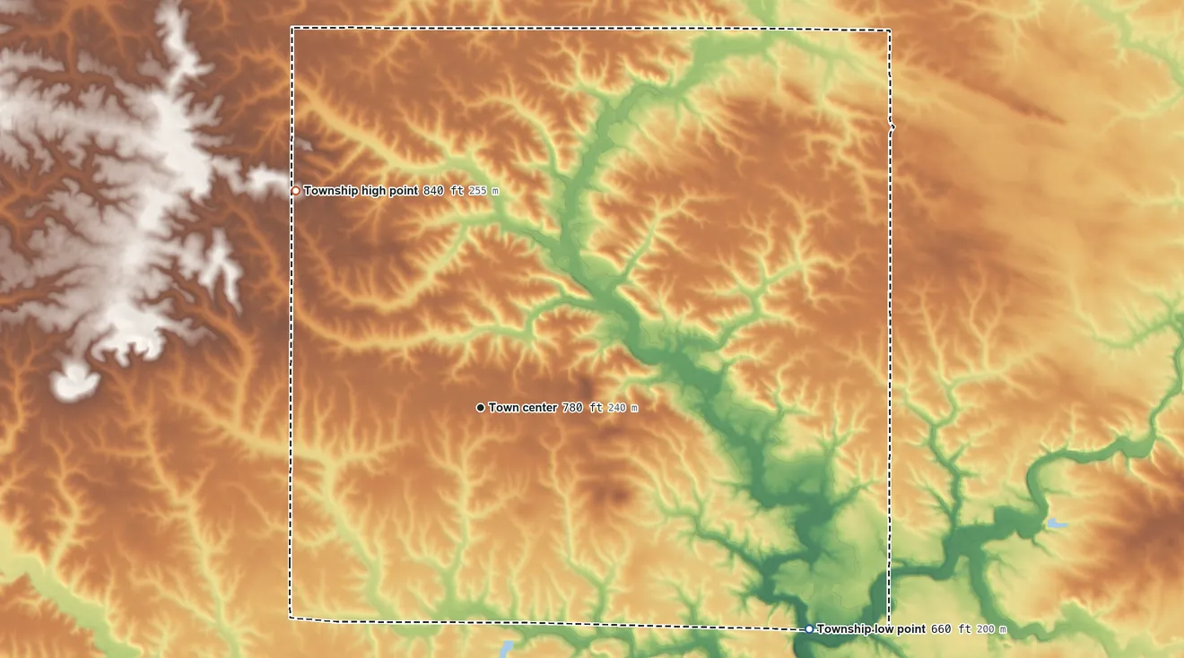Topographic elevation map of Elmira Township, Illinois, shaded from 660 ft on the southeast side to 840 ft on the northwest side