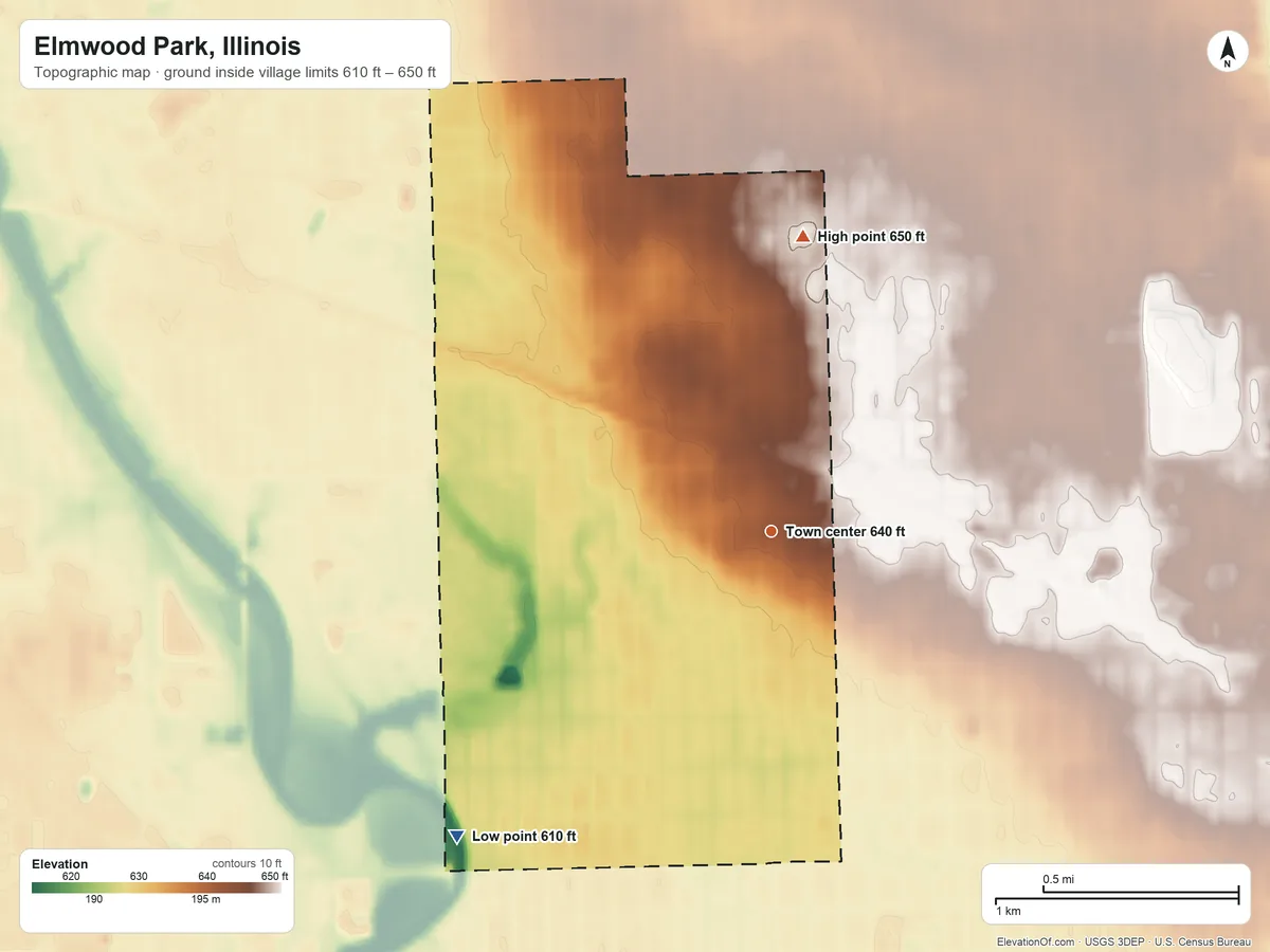 Topographic elevation map of Elmwood Park, Illinois, shaded from 610 ft on the southwest side to 650 ft on the north side