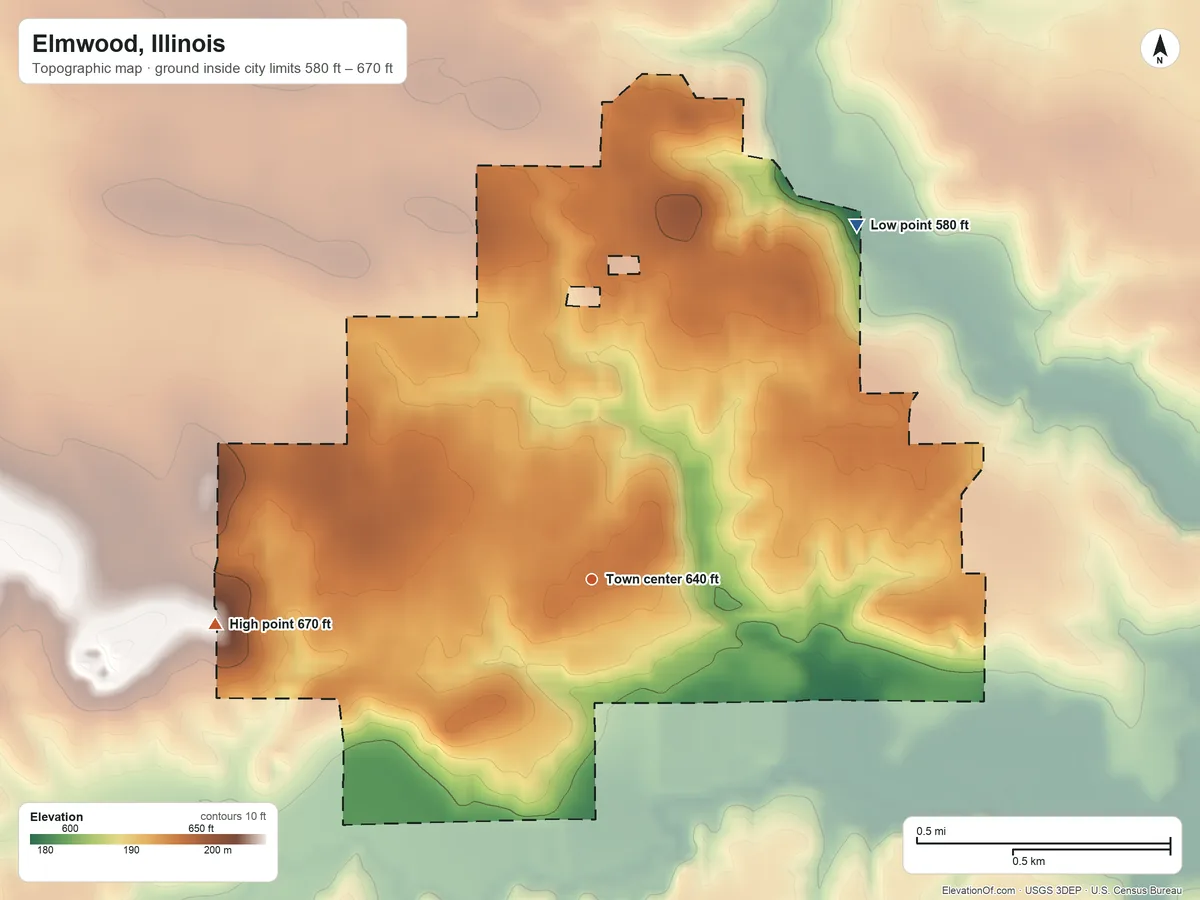 Topographic elevation map of Elmwood, Illinois, shaded from 580 ft on the northeast side to 670 ft on the west side