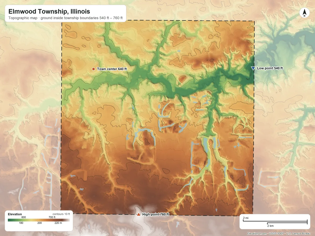 Topographic elevation map of Elmwood Township, Illinois, shaded from 540 ft on the east side to 760 ft on the south side