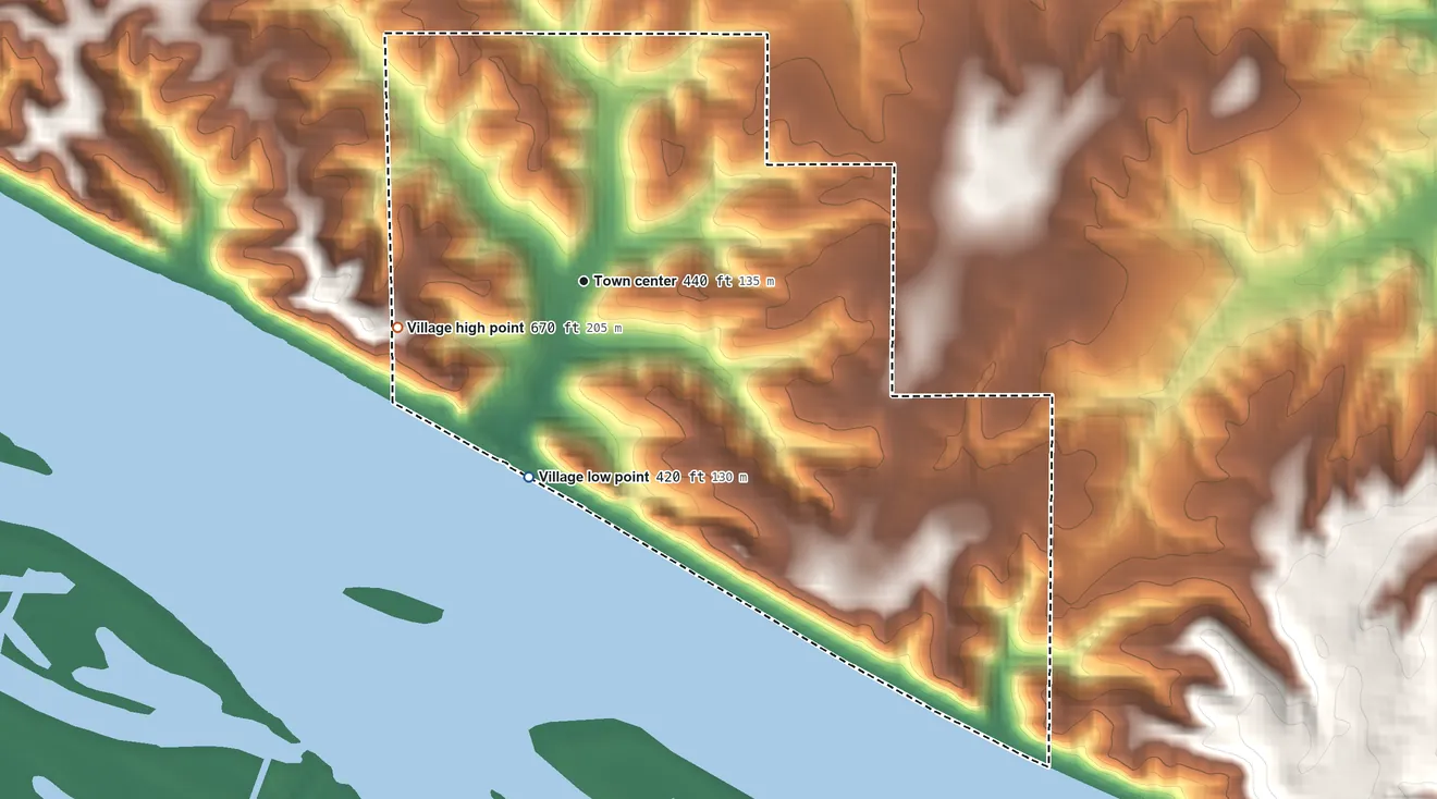 Topographic elevation map of Elsah, Illinois, shaded from 420 ft on the south side to 670 ft on the west side