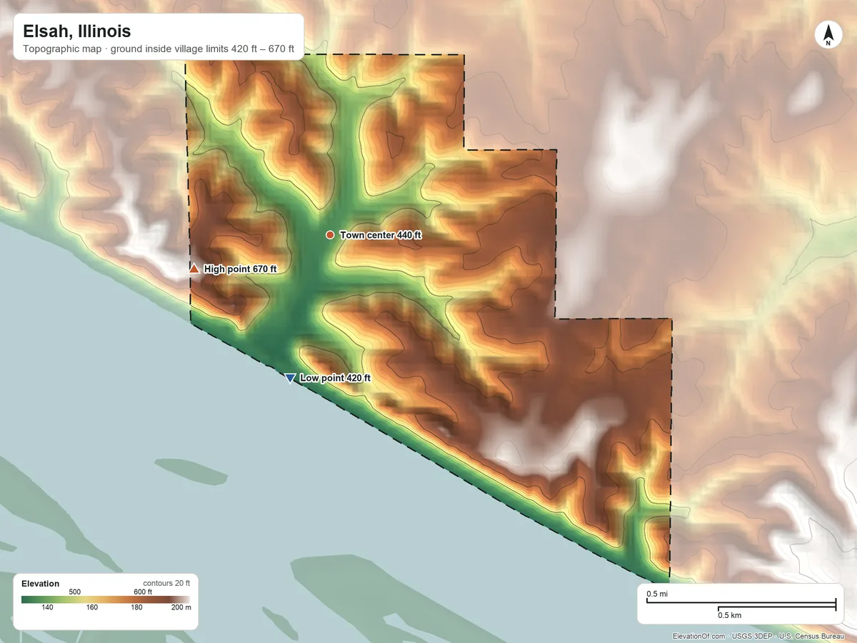 Topographic elevation map of Elsah, Illinois, shaded from 420 ft on the south side to 670 ft on the west side
