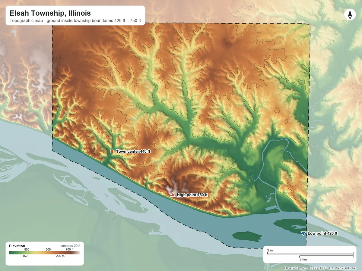 Topographic elevation map of Elsah Township, Illinois, shaded from 420 ft on the southeast side to 750 ft on the southeast side
