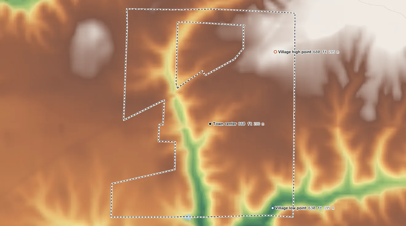 Topographic elevation map of Elvaston, Illinois, shaded from 630 ft on the southeast side to 680 ft on the northeast side
