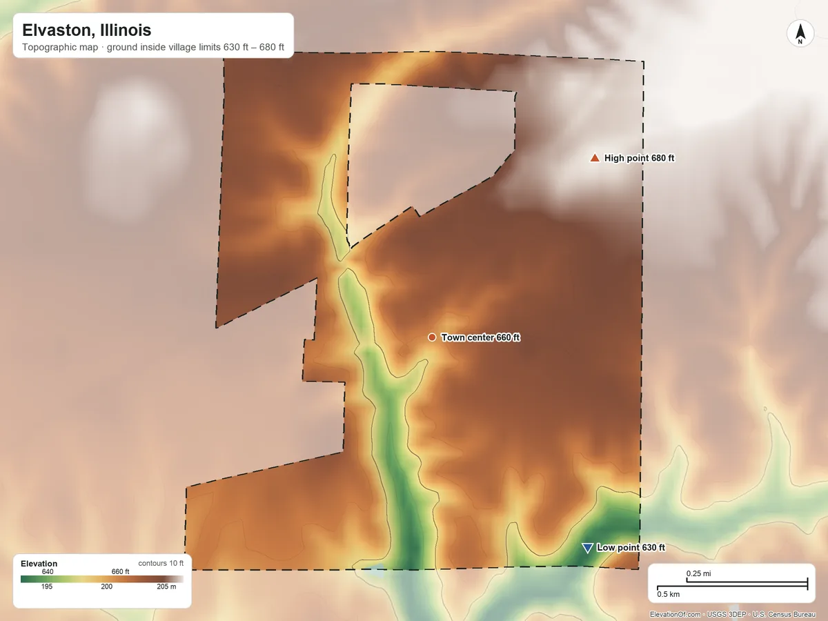Topographic elevation map of Elvaston, Illinois, shaded from 630 ft on the southeast side to 680 ft on the northeast side