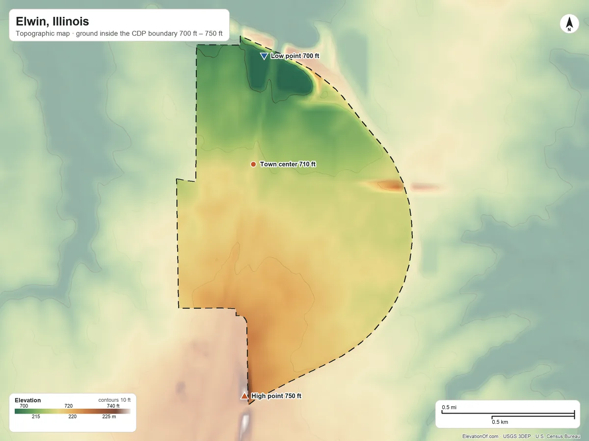 Topographic elevation map of Elwin, Illinois, shaded from 700 ft on the north side to 750 ft on the south side
