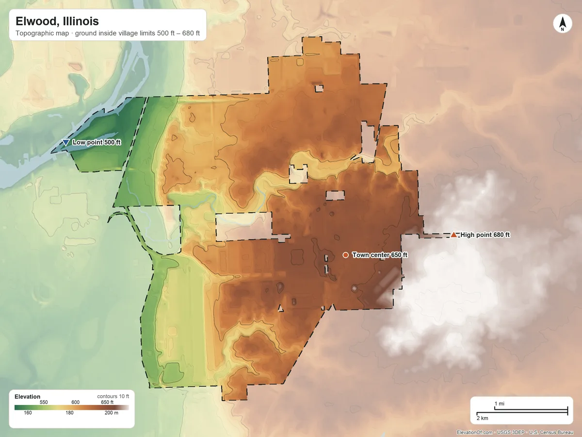 Topographic elevation map of Elwood, Illinois, shaded from 500 ft on the west side to 680 ft on the east side