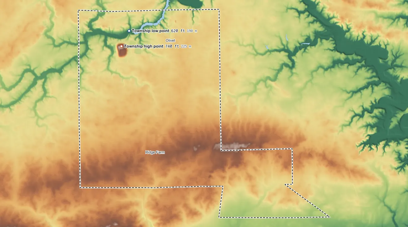 Topographic elevation map of Elwood Township, Illinois, shaded from 620 ft on the north side to 740 ft on the northwest side