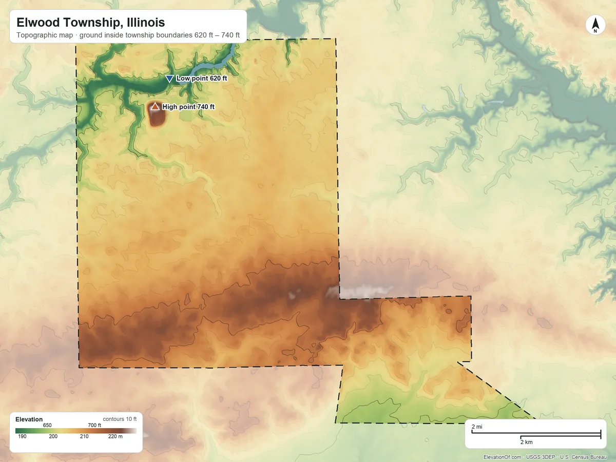 Topographic elevation map of Elwood Township, Illinois, shaded from 620 ft on the north side to 740 ft on the northwest side