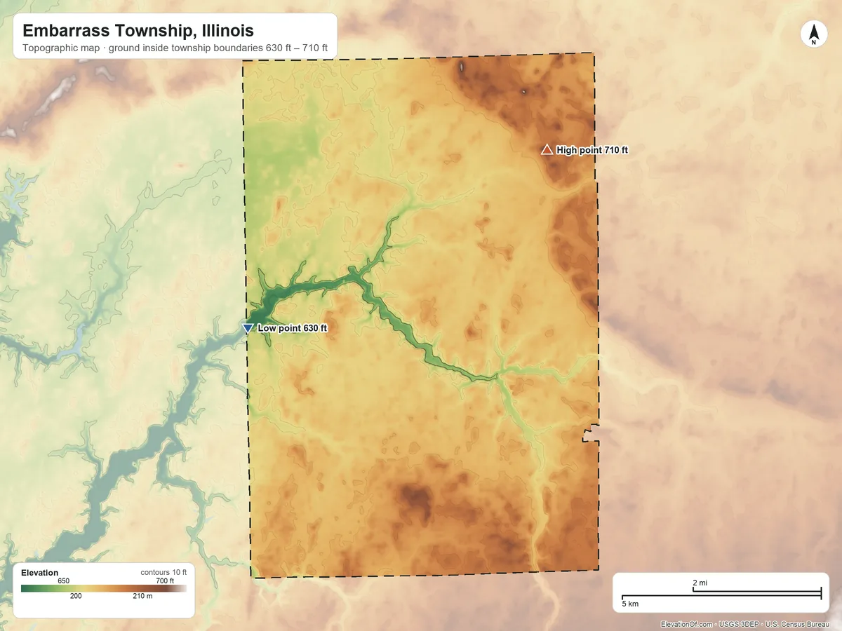 Topographic elevation map of Embarrass Township, Illinois, shaded from 630 ft on the southwest side to 710 ft on Dole Hill