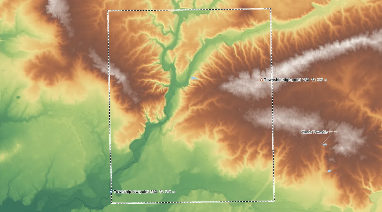 Topographic elevation map of Eminence Township, Illinois, shaded from 560 ft on the southwest side to 730 ft on the east side