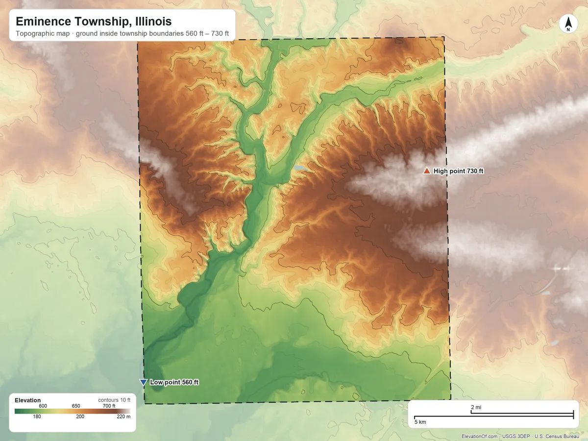 Topographic elevation map of Eminence Township, Illinois, shaded from 560 ft on the southwest side to 730 ft on the east side