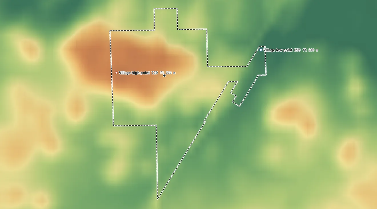 Topographic elevation map of Emington, Illinois, shaded from 690 ft on the east side to 720 ft on the west side