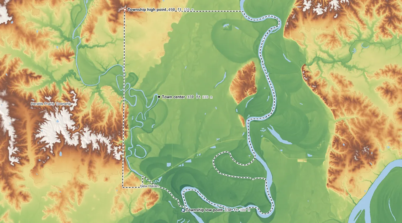 Topographic elevation map of Emma Township, Illinois, shaded from 330 ft on the south side to 490 ft on the north side