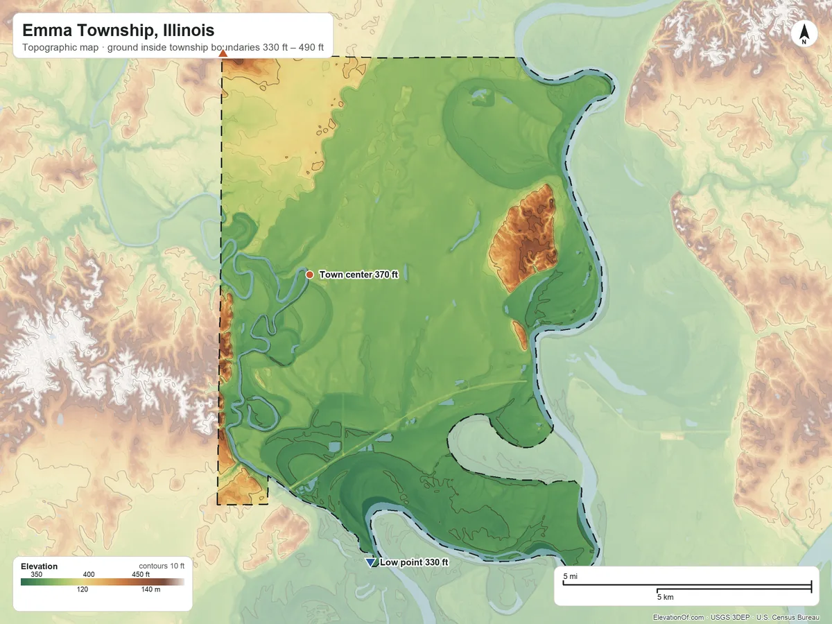 Topographic elevation map of Emma Township, Illinois, shaded from 330 ft on the south side to 490 ft on the north side