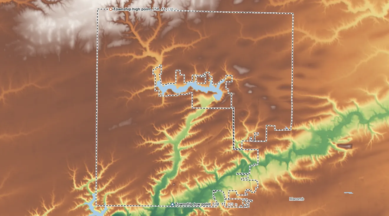Topographic elevation map of Emmet Township, Illinois, shaded from 570 ft on the south side to 750 ft on the northwest side