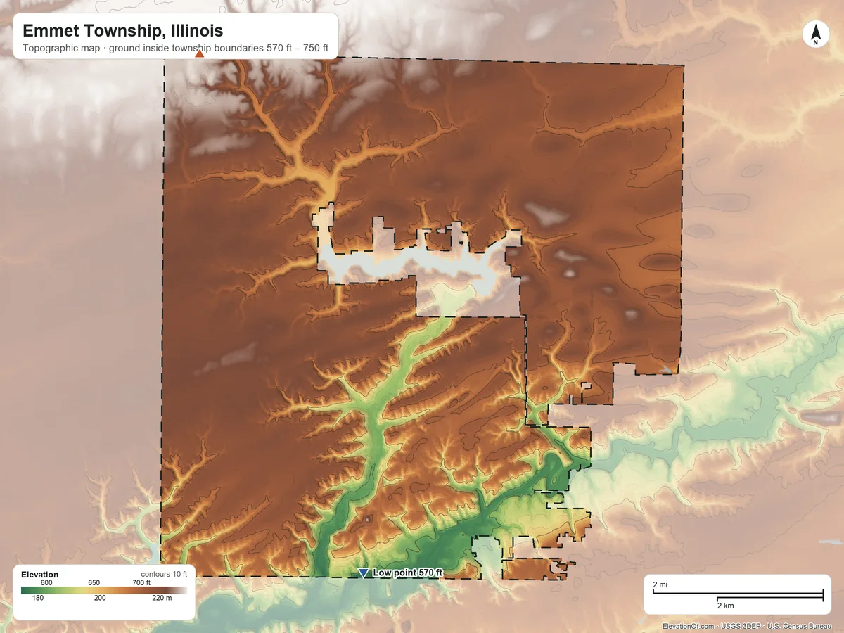 Topographic elevation map of Emmet Township, Illinois, shaded from 570 ft on the south side to 750 ft on the northwest side