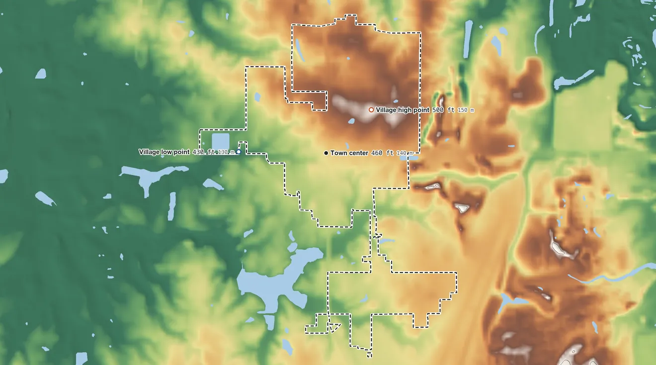 Topographic elevation map of Energy, Illinois, shaded from 430 ft on the west side to 500 ft on the northeast side