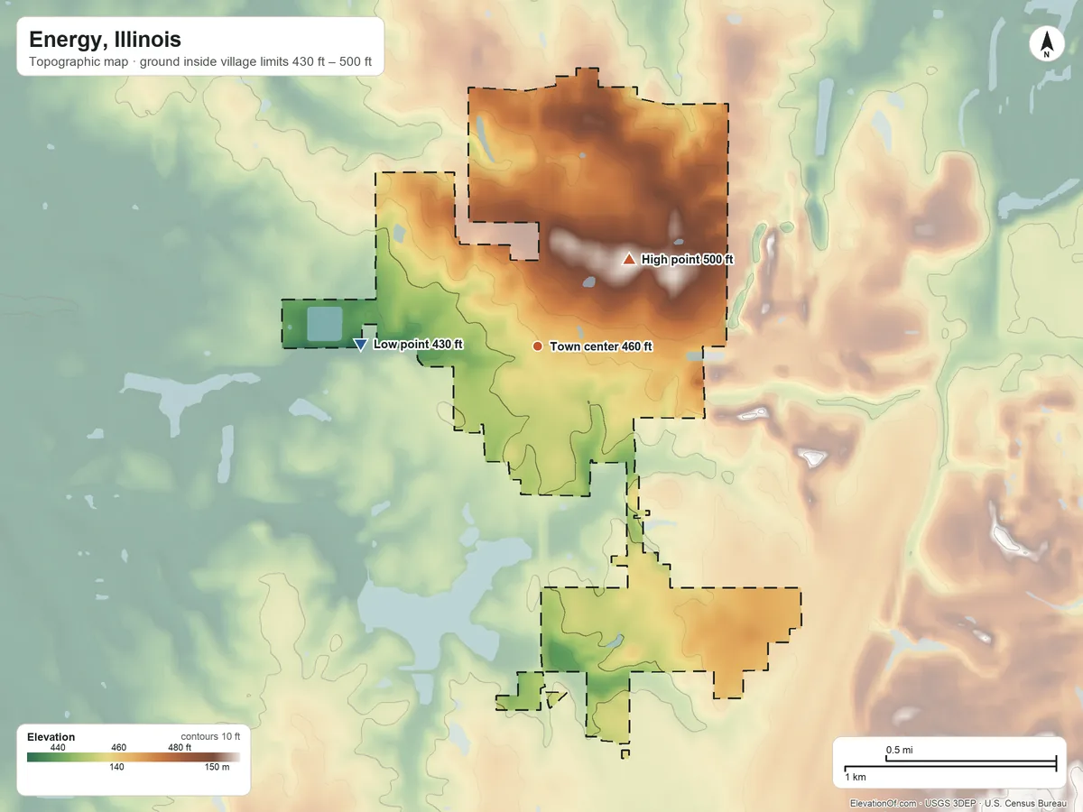 Topographic elevation map of Energy, Illinois, shaded from 430 ft on the west side to 500 ft on the northeast side