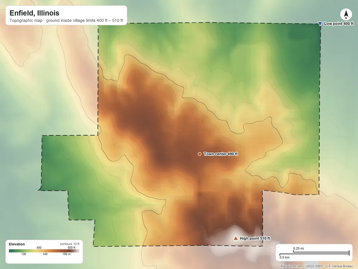 Topographic elevation map of Enfield, Illinois, shaded from 400 ft on the northeast side to 510 ft on the southeast side