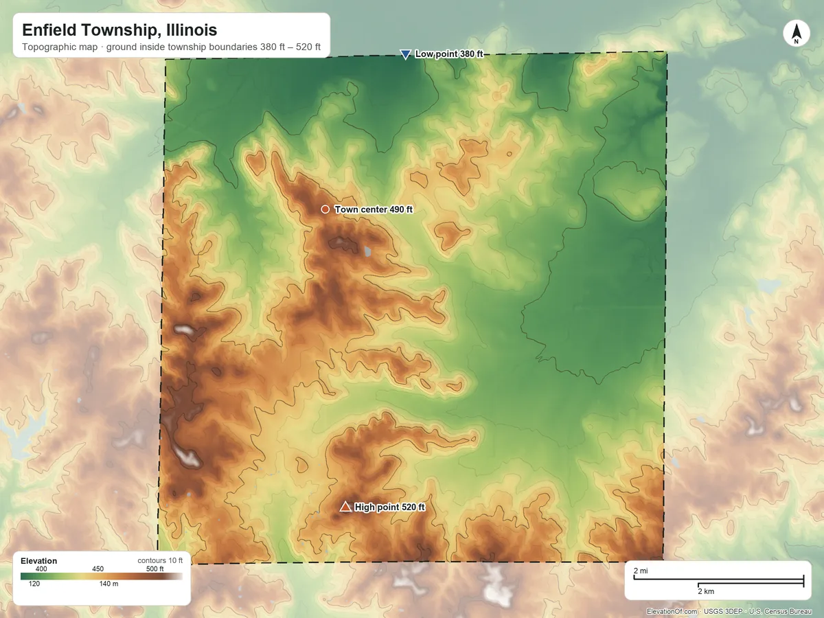 Topographic elevation map of Enfield Township, Illinois, shaded from 380 ft on the northeast side to 520 ft on the south side