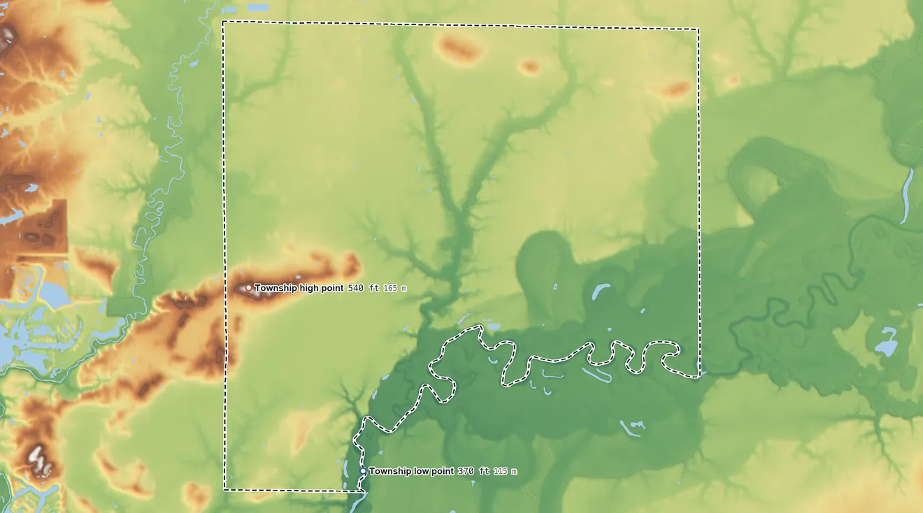 Topographic elevation map of Engelmann Township, Illinois, shaded from 370 ft on the south side to 540 ft on the southwest side