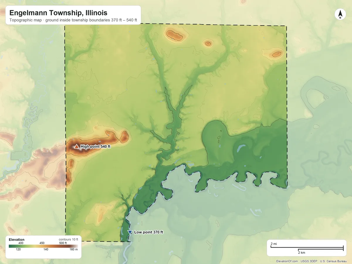 Topographic elevation map of Engelmann Township, Illinois, shaded from 370 ft on the south side to 540 ft on the southwest side