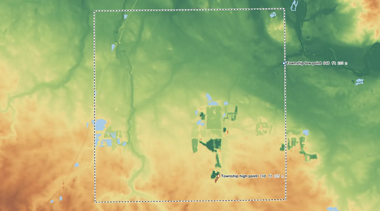 Topographic elevation map of Eppards Point Township, Illinois, shaded from 640 ft on the east side to 740 ft on the southeast side