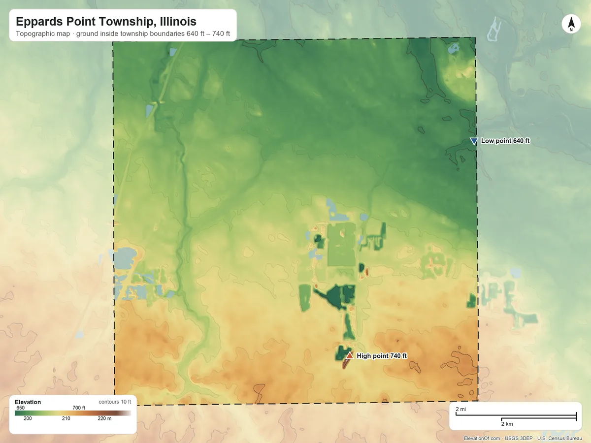 Topographic elevation map of Eppards Point Township, Illinois, shaded from 640 ft on the east side to 740 ft on the southeast side