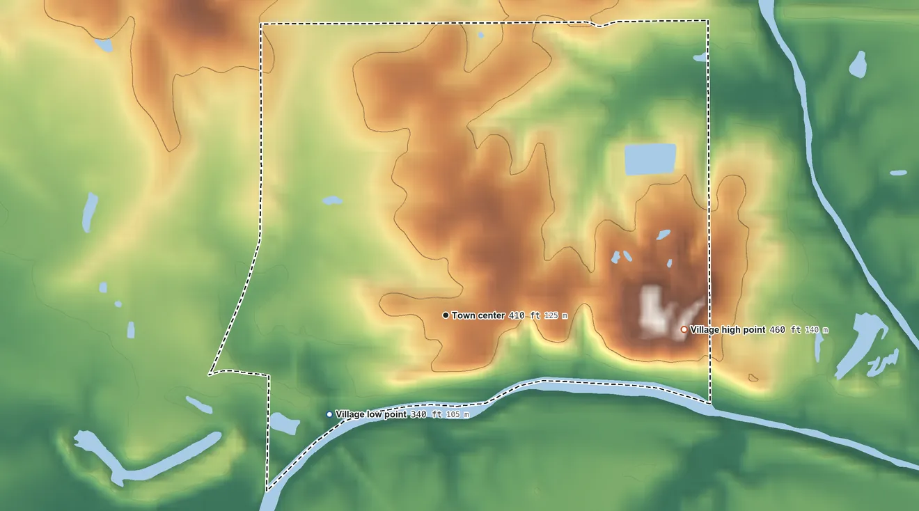 Topographic elevation map of Equality, Illinois, shaded from 340 ft on the southwest side to 460 ft on the east side