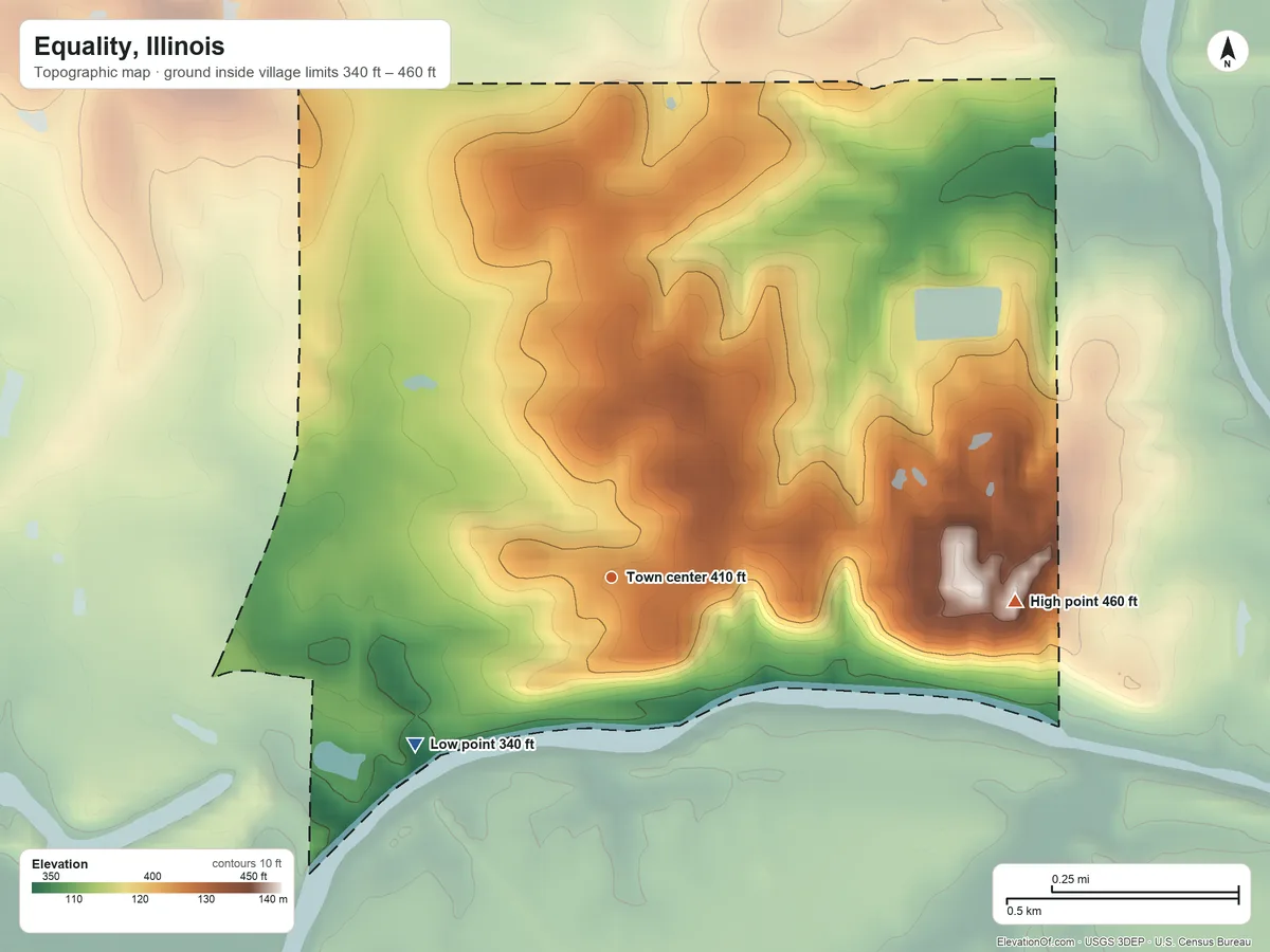 Topographic elevation map of Equality, Illinois, shaded from 340 ft on the southwest side to 460 ft on the east side