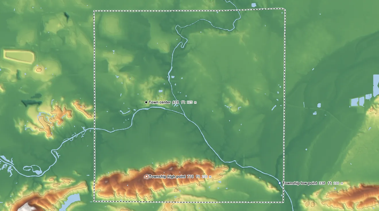 Topographic elevation map of Equality Township, Illinois, shaded from 330 ft on the southeast side to 770 ft on the south side
